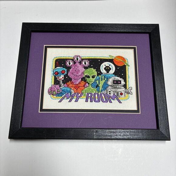 Handmade Other - Completed Cross Stitch Framed Kids My Room Sign With Aliens And Space Boy Themed